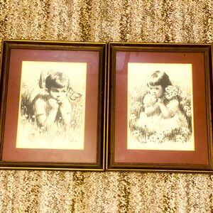 Vintage set of Saron boy/girl charcoal sketches